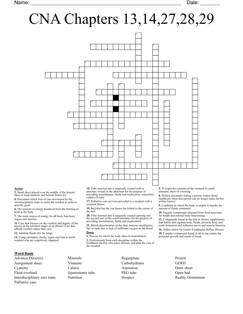 CNA Chapters 13,14,27,28,29 Crossword