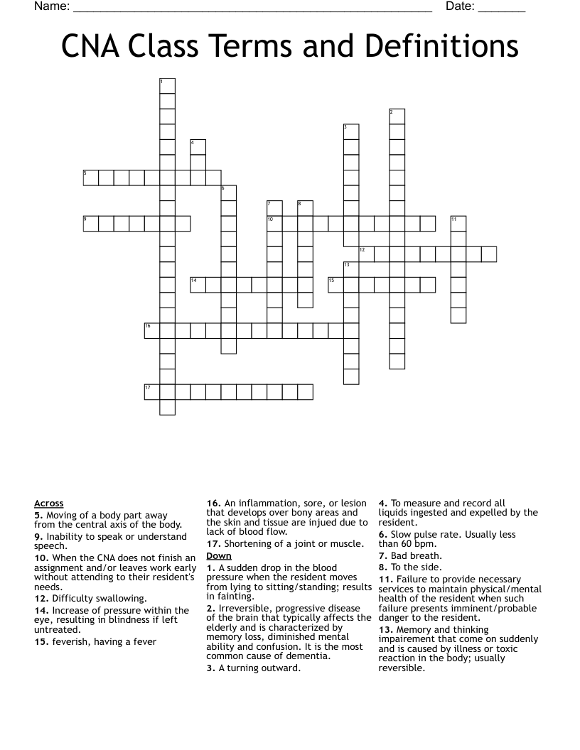 CNA Class Terms and Definitions Crossword