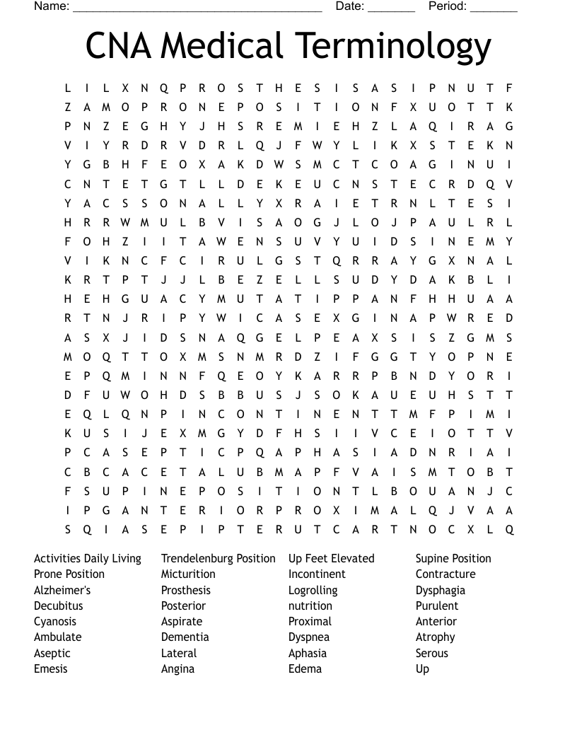 CNA Medical Terminology Word Search
