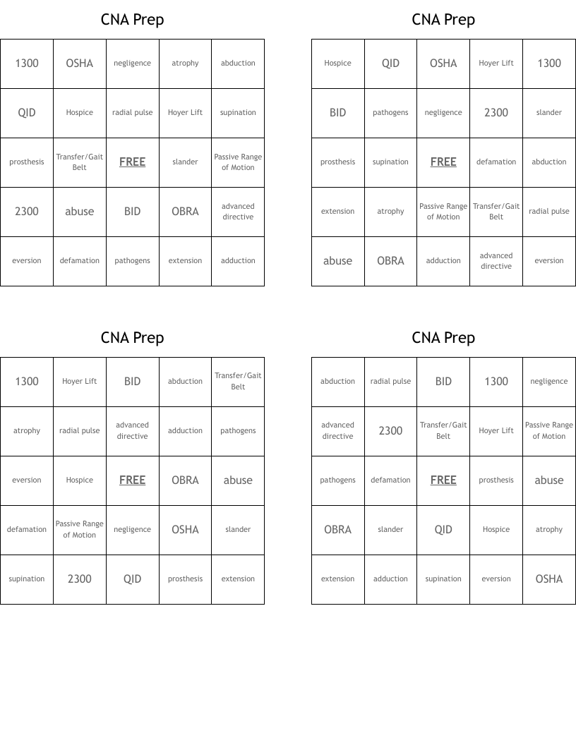 CNA Prep Bingo Cards