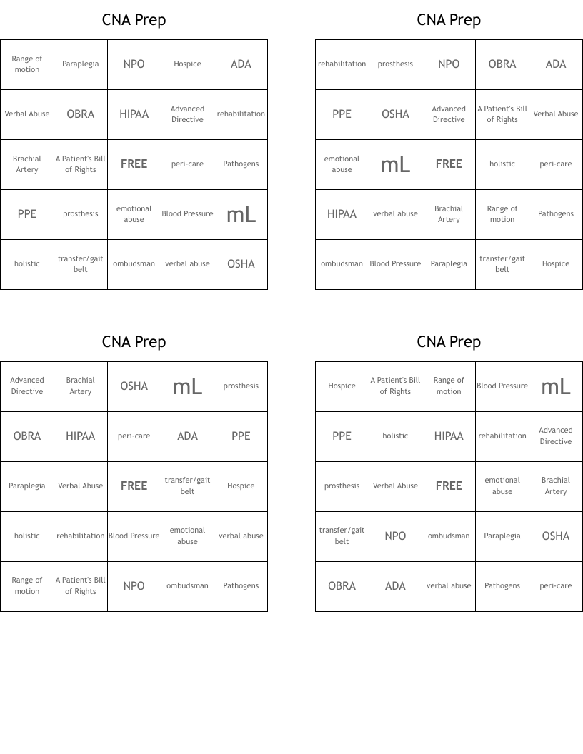 CNA Prep Bingo Cards