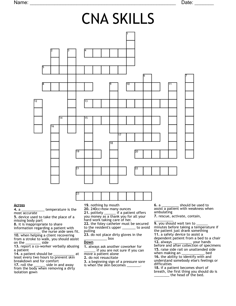CNA SKILLS Crossword