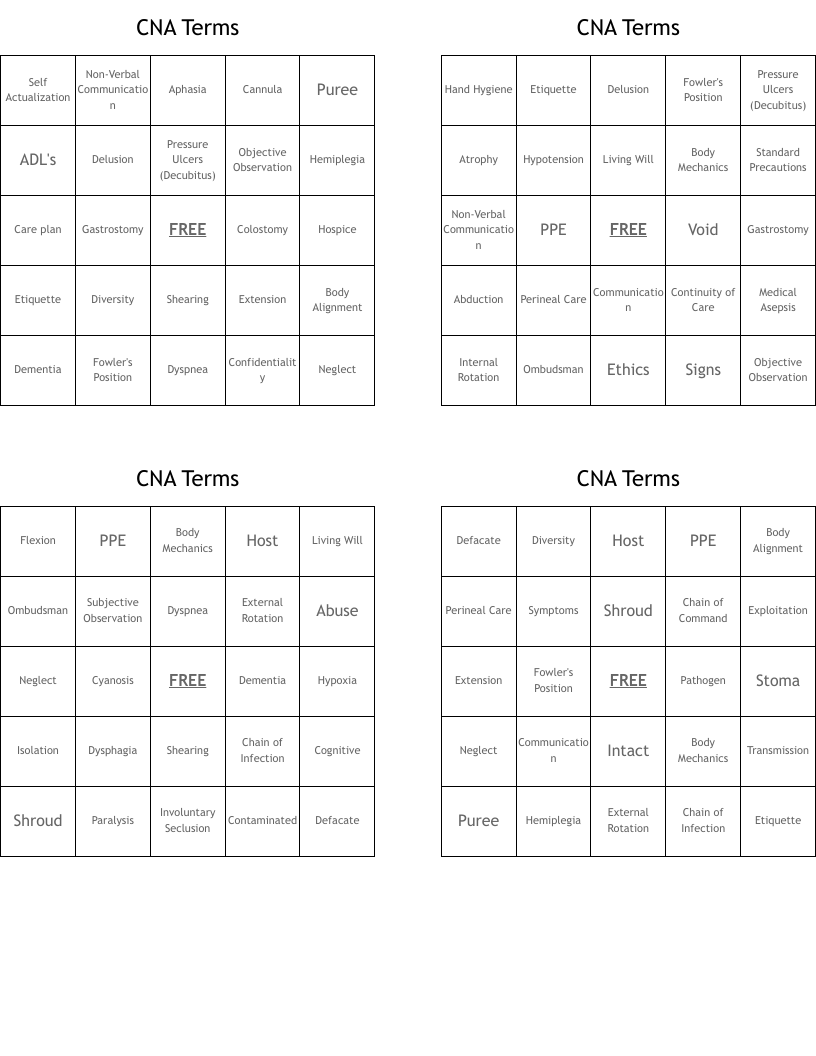 CNA Terms Bingo Cards