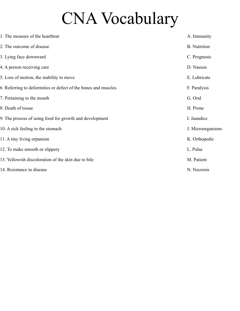 CNA Vocabulary Worksheet