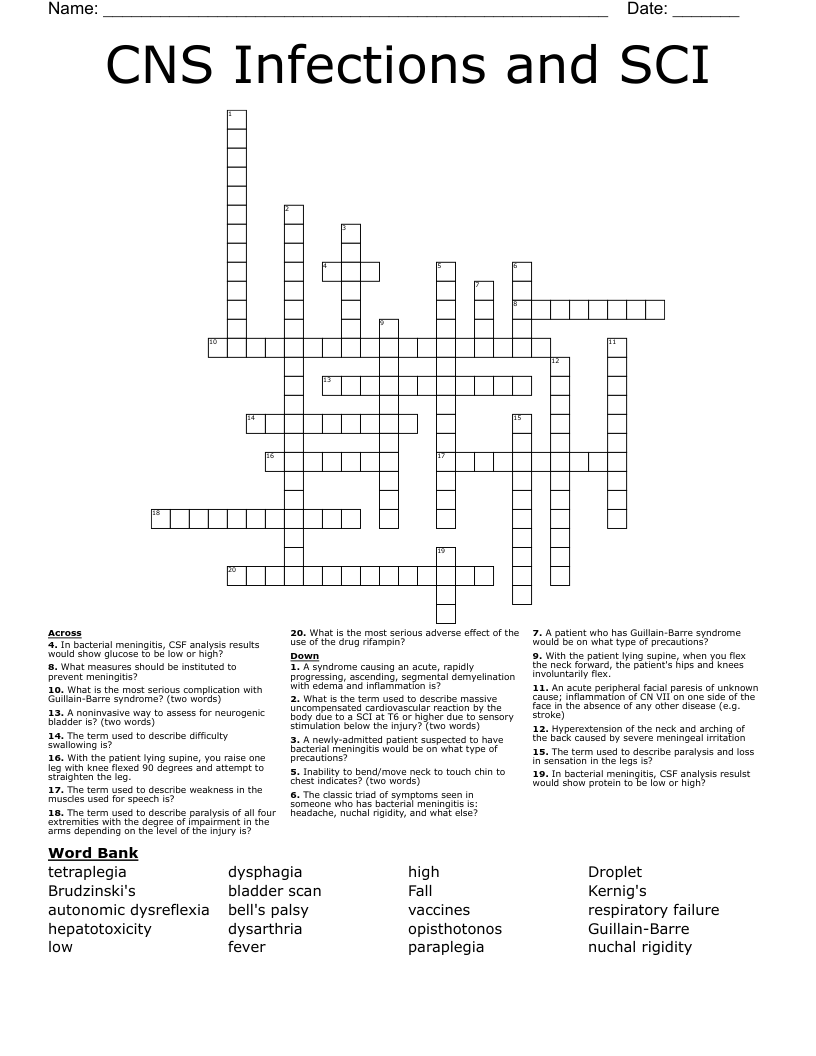 CNS Infections and SCI Crossword