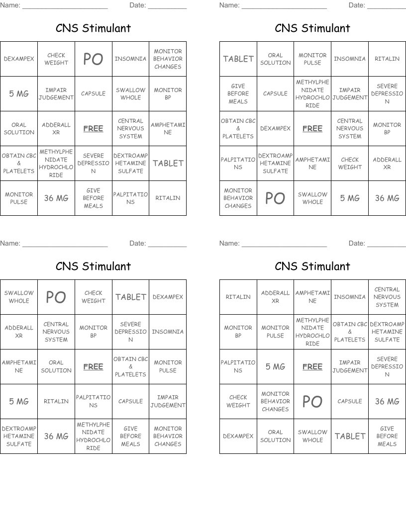 CNS Stimulant Bingo Cards