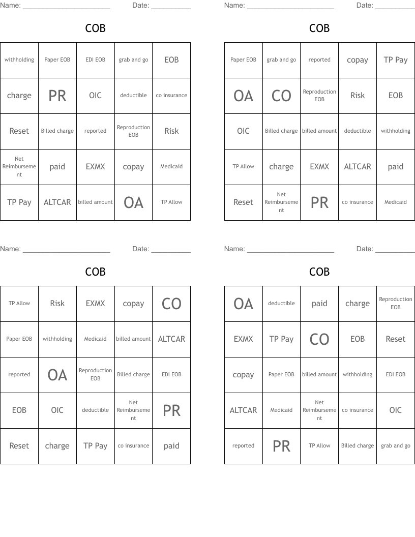 COB Bingo Cards