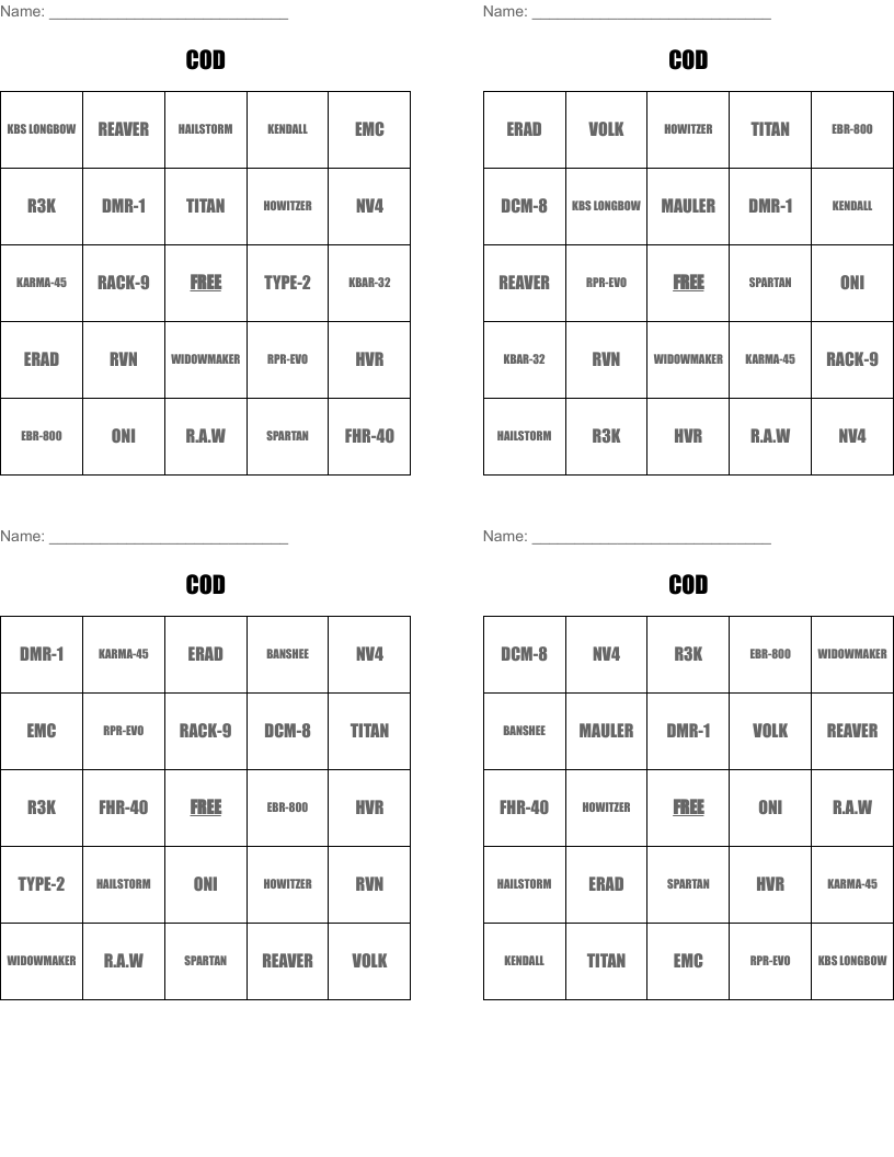 COD Bingo Cards