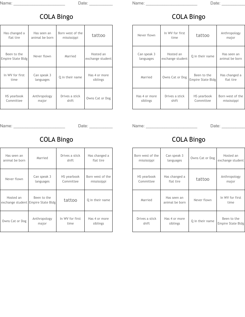 COLA Bingo