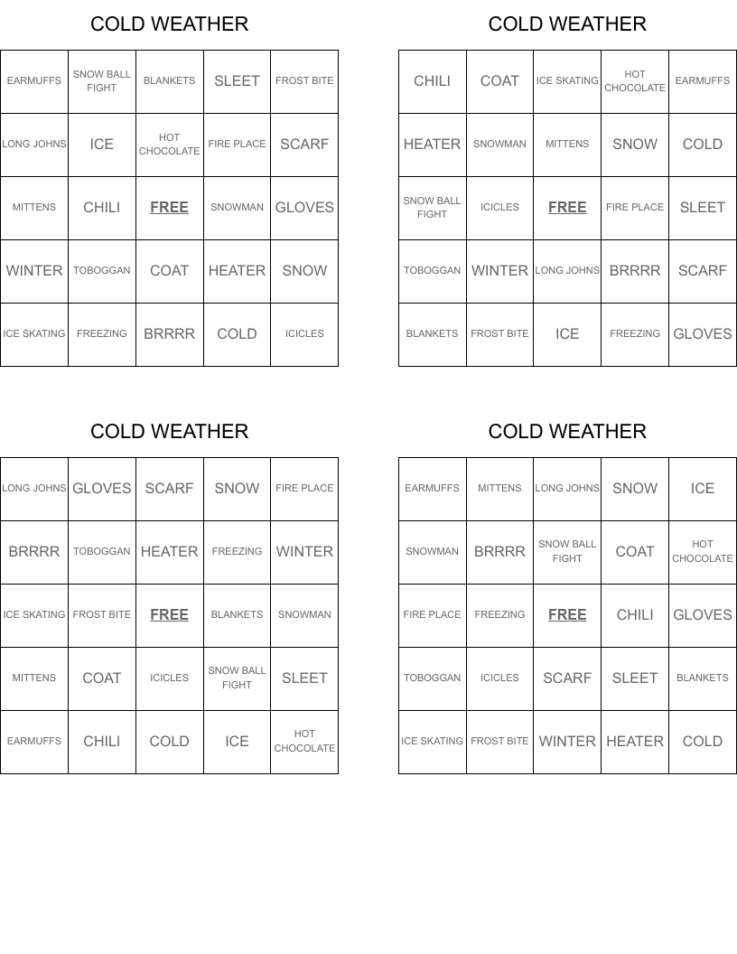 COLD WEATHER Bingo Cards