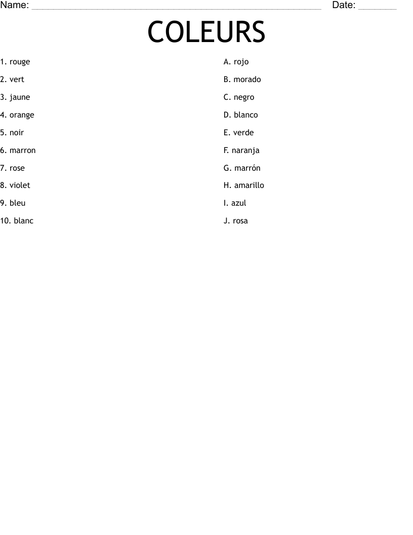 COLEURS Worksheet