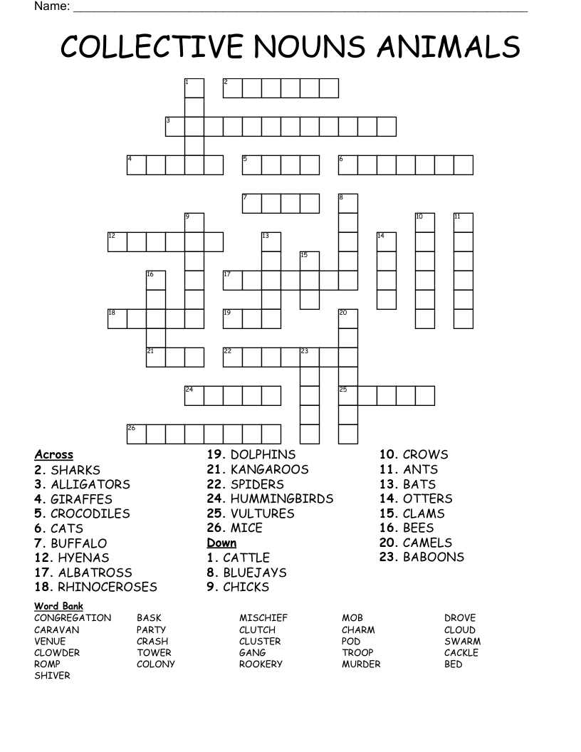 COLLECTIVE NOUNS ANIMALS Crossword