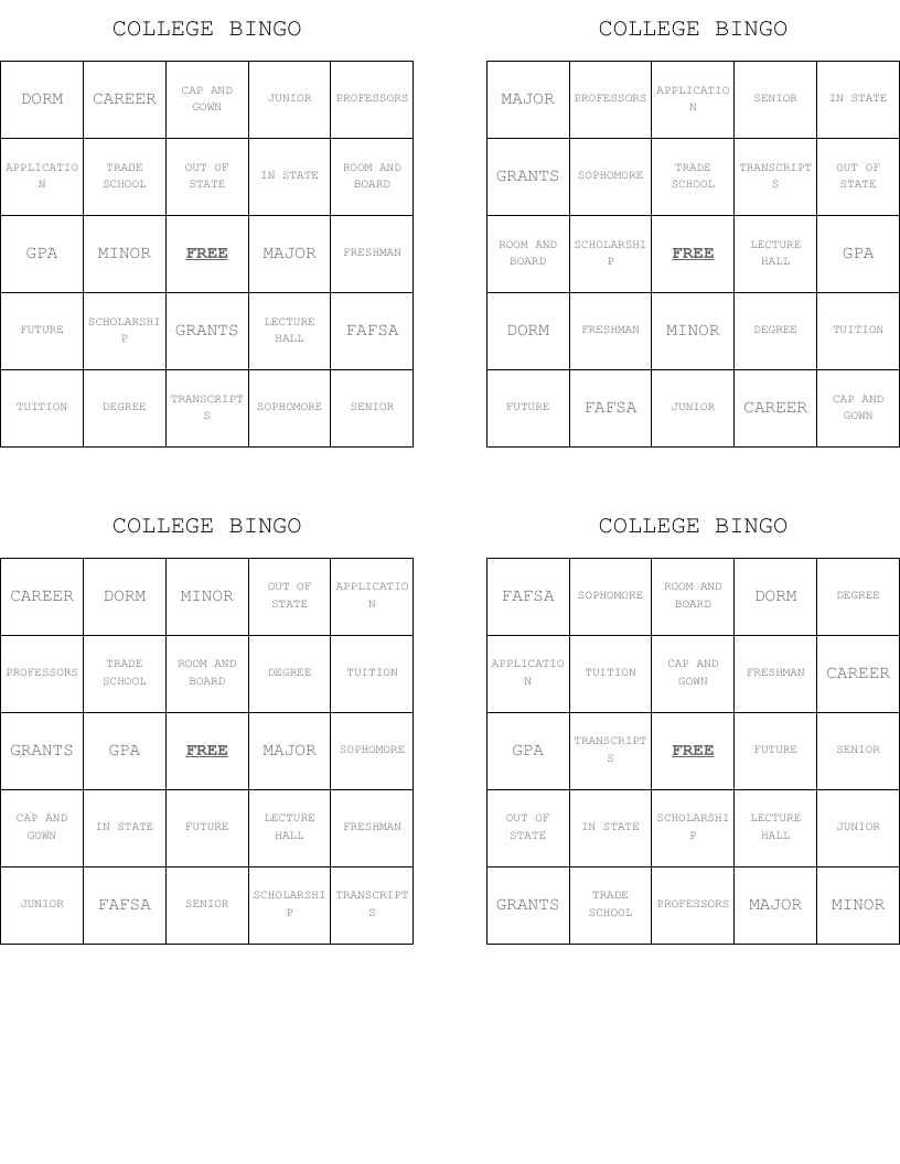 COLLEGE BINGO 