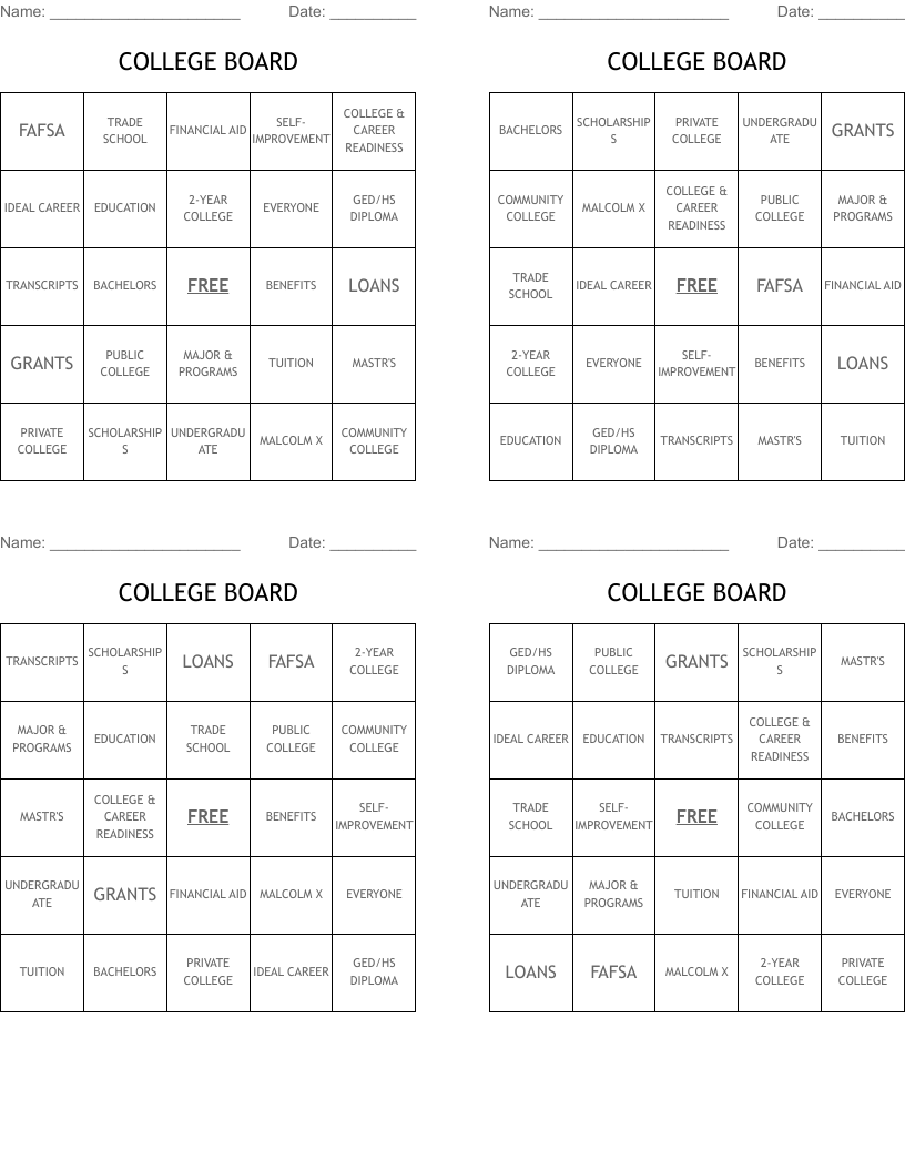 COLLEGE BOARD Bingo Cards