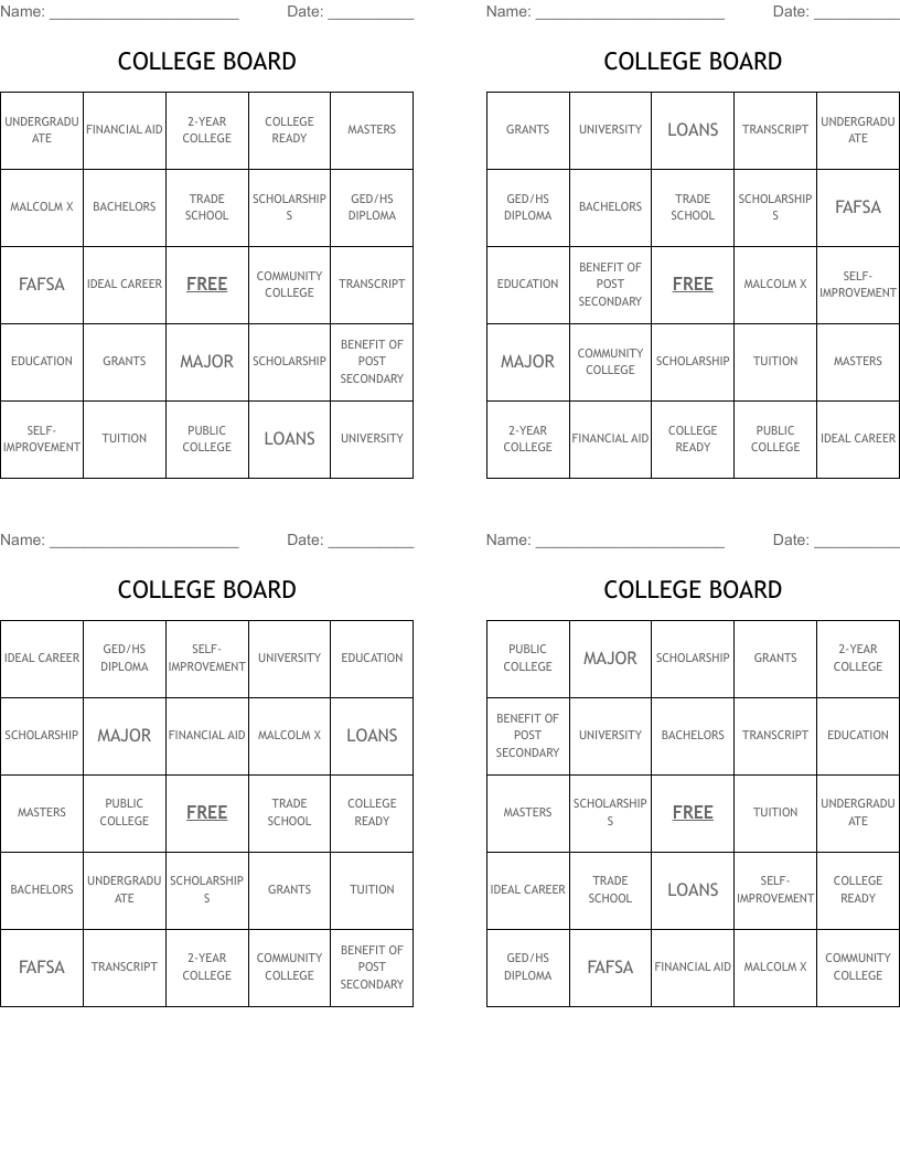 COLLEGE BOARD Bingo Cards