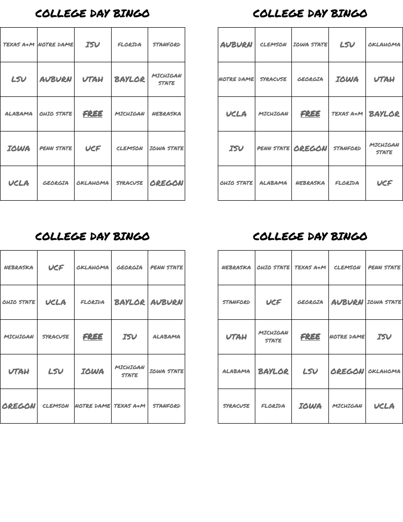 COLLEGE DAY BINGO