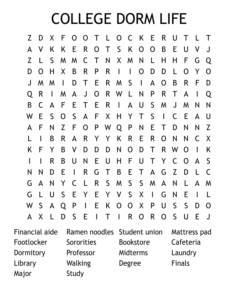 COLLEGE DORM LIFE Word Search