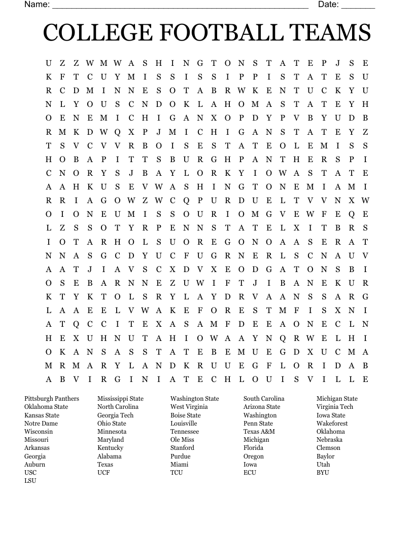 COLLEGE FOOTBALL TEAMS Word Search