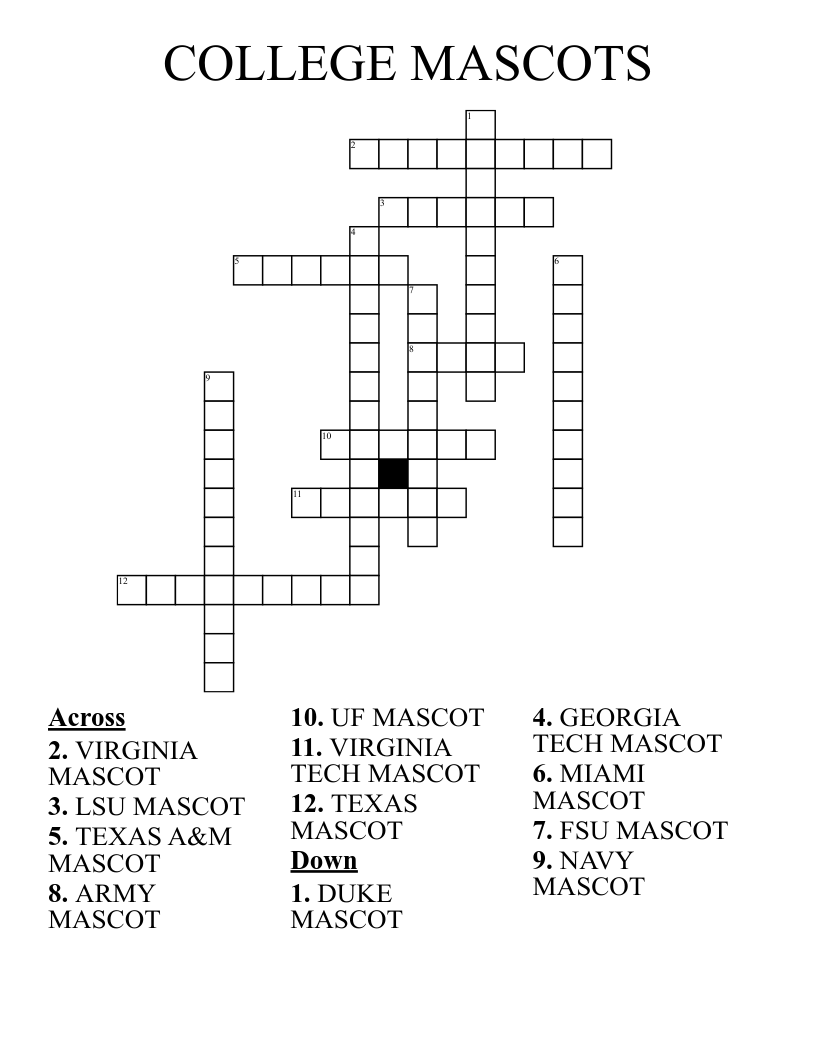 COLLEGE MASCOTS Crossword