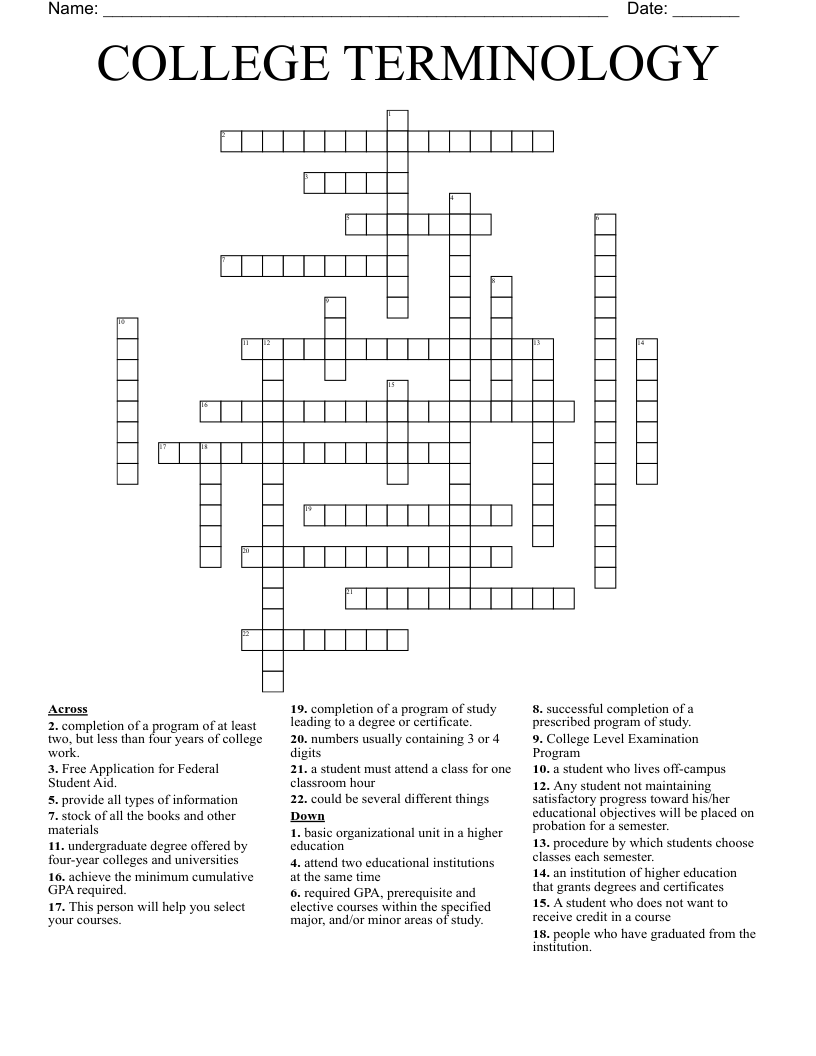 COLLEGE TERMINOLOGY Crossword