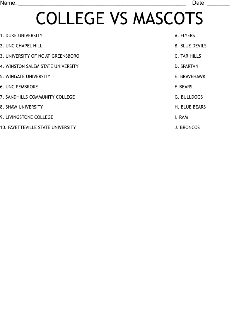 COLLEGE VS MASCOTS Worksheet
