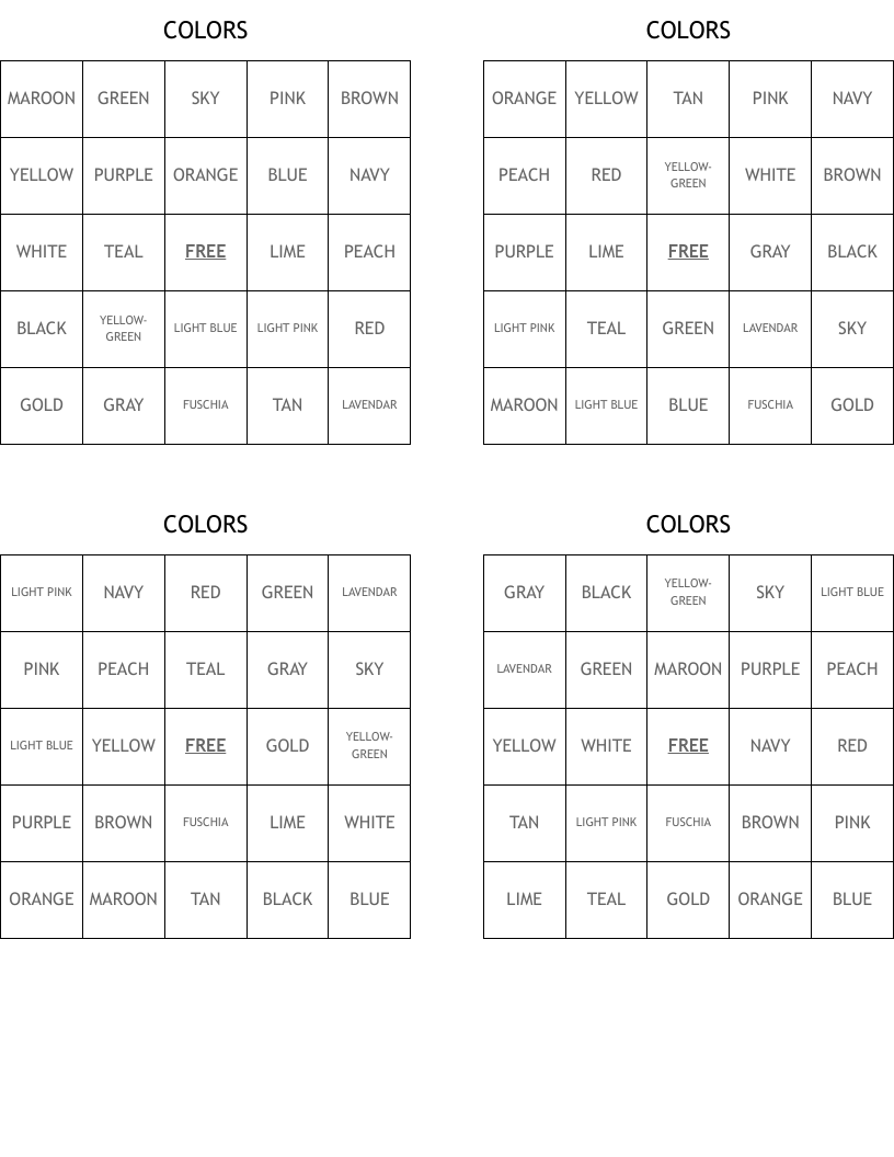 COLORS Bingo Cards