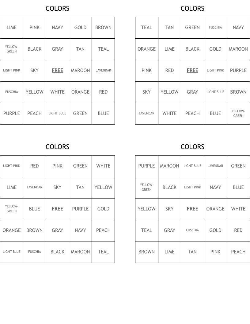 COLORS Bingo Cards