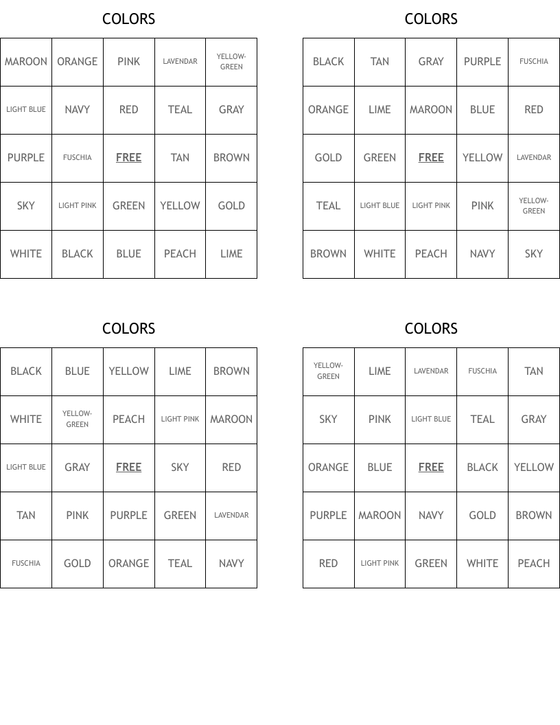 COLORS Bingo Cards