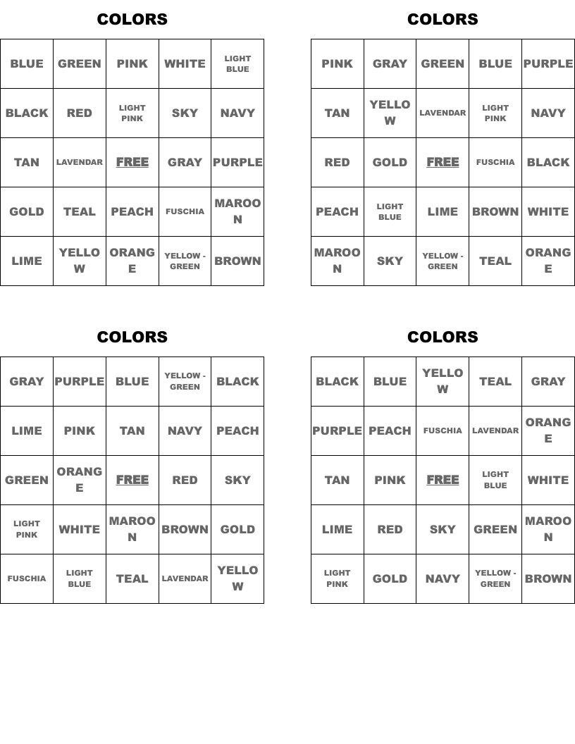 COLORS Bingo Cards