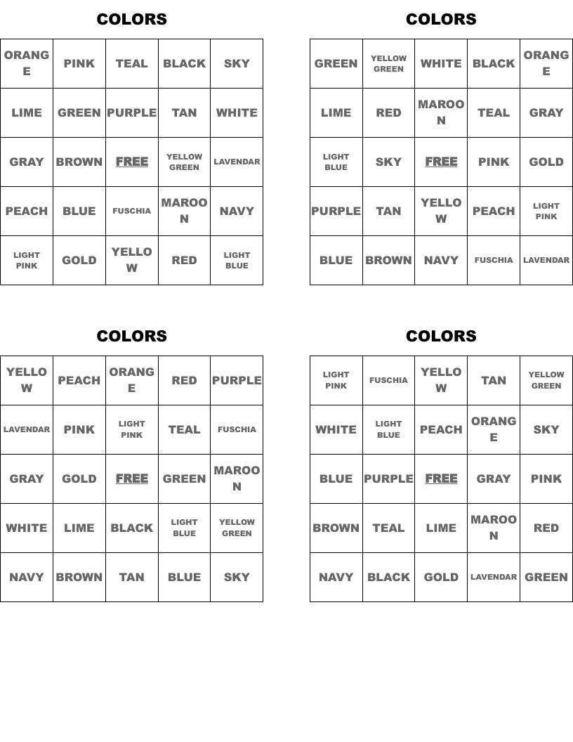 COLORS Bingo Cards