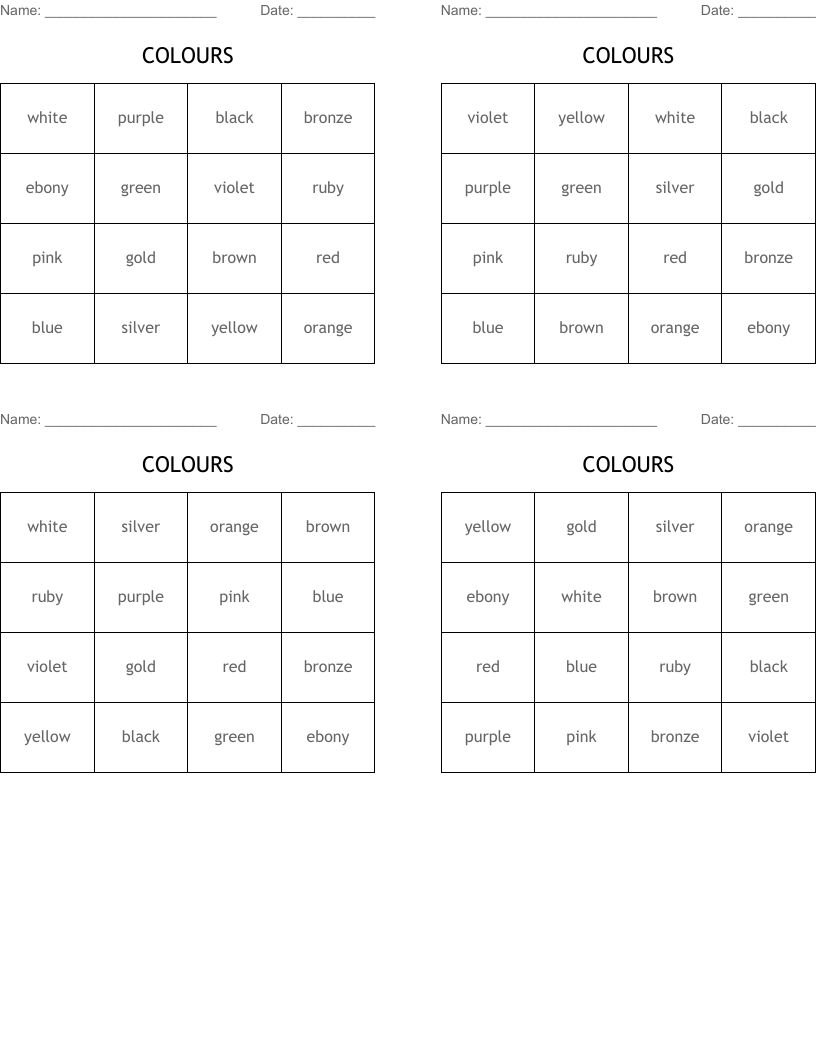 COLOURS Bingo Cards