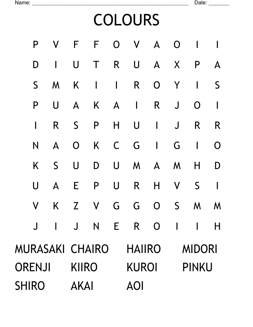 COLOURS Word Search