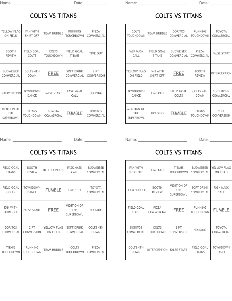 COLTS VS TITANS Bingo Cards