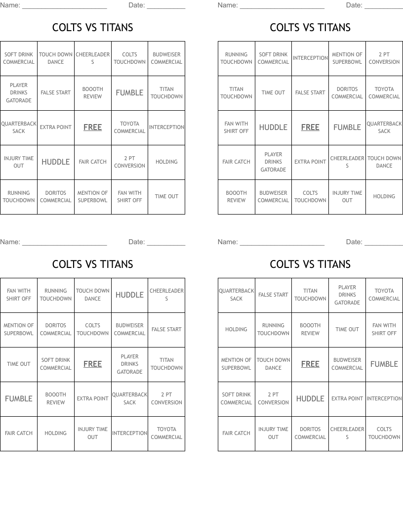 COLTS VS TITANS Bingo Cards
