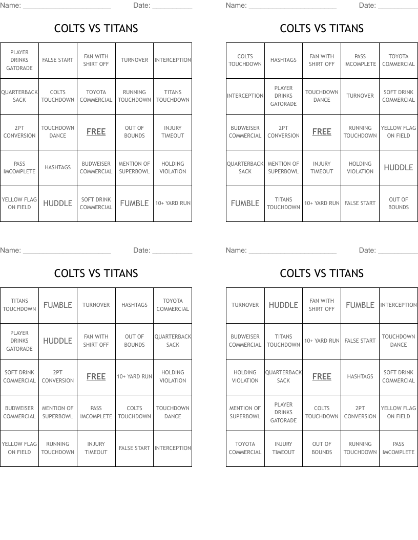 COLTS VS TITANS Bingo Cards