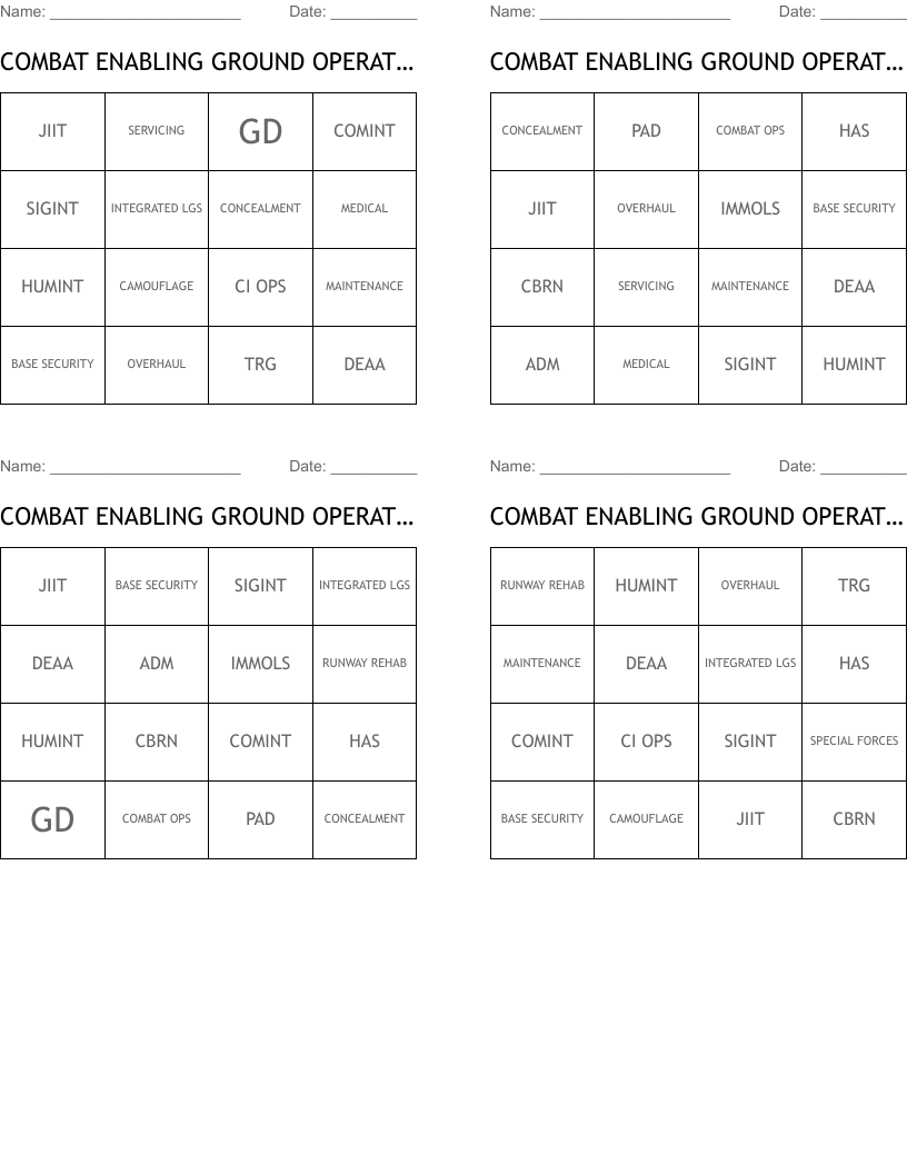 COMBAT ENABLING GROUND OPERATIONS Bingo Cards