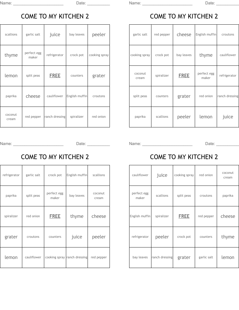 COME TO MY KITCHEN 2 Bingo Cards