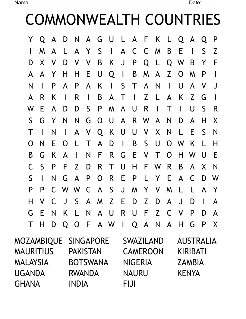 COMMONWEALTH COUNTRIES Word Search