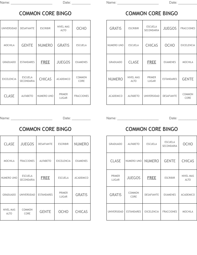 COMMON CORE BINGO