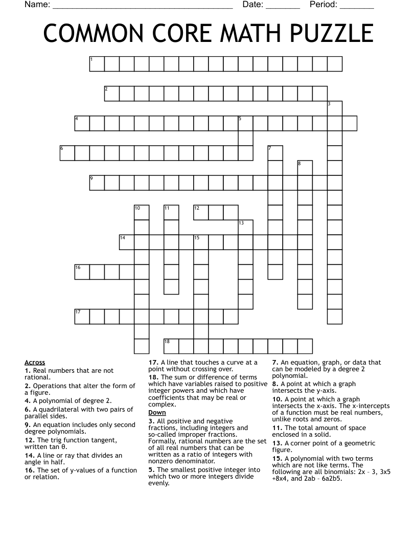 COMMON CORE MATH PUZZLE Crossword