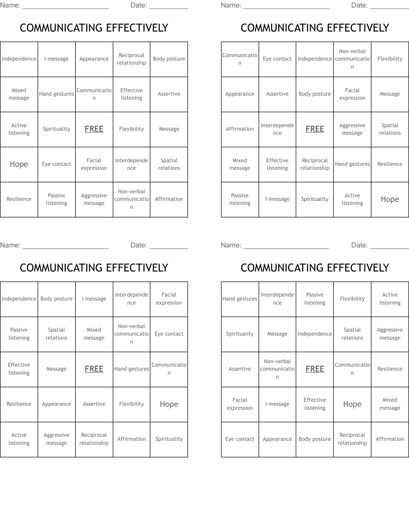 COMMUNICATING EFFECTIVELY Bingo Cards