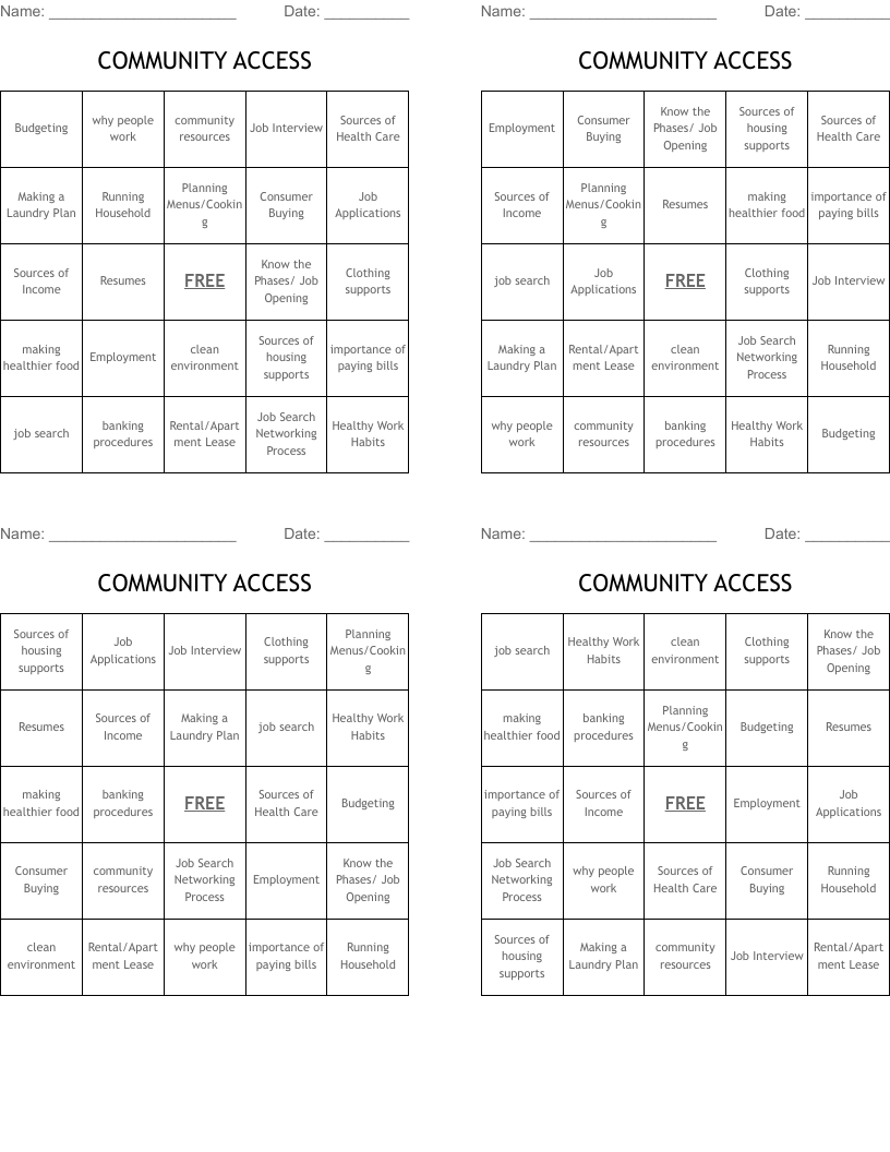 COMMUNITY ACCESS Bingo Cards
