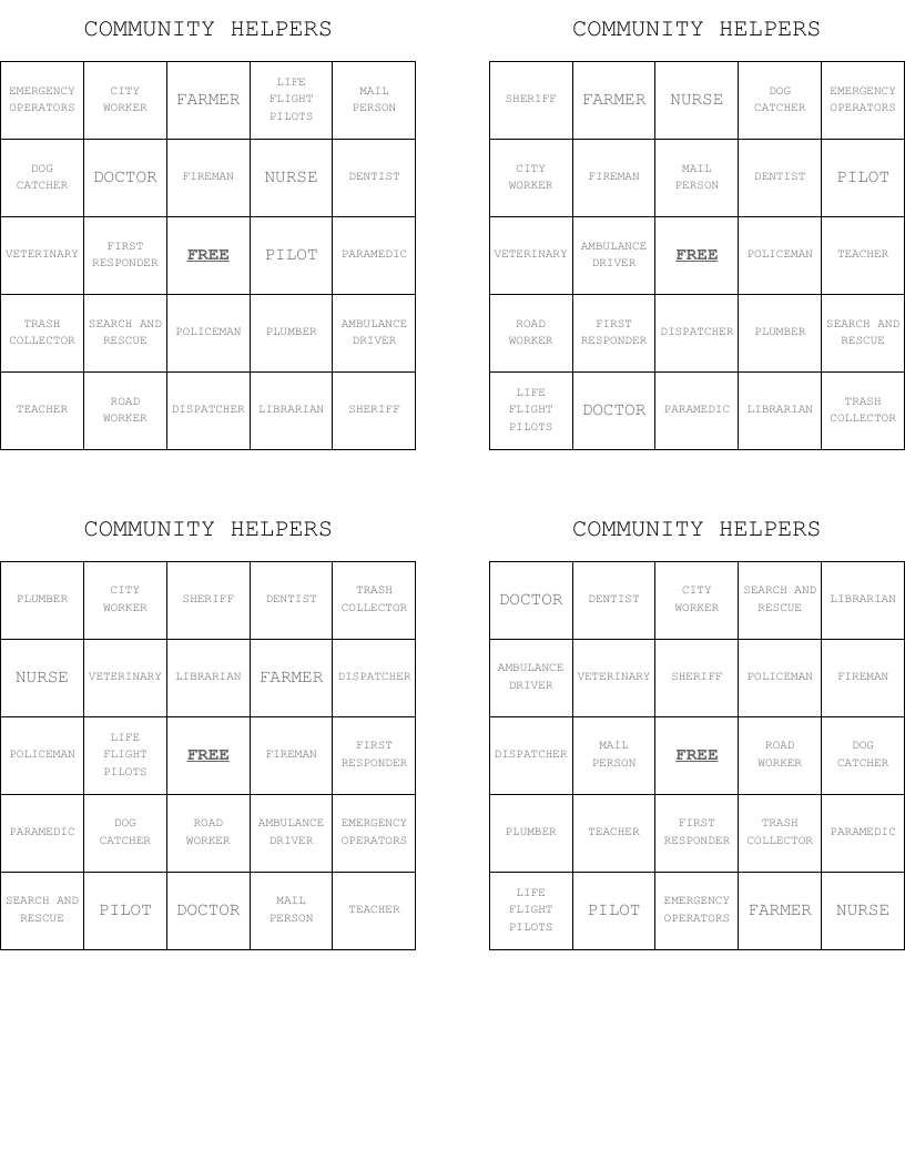 COMMUNITY HELPERS Bingo Cards
