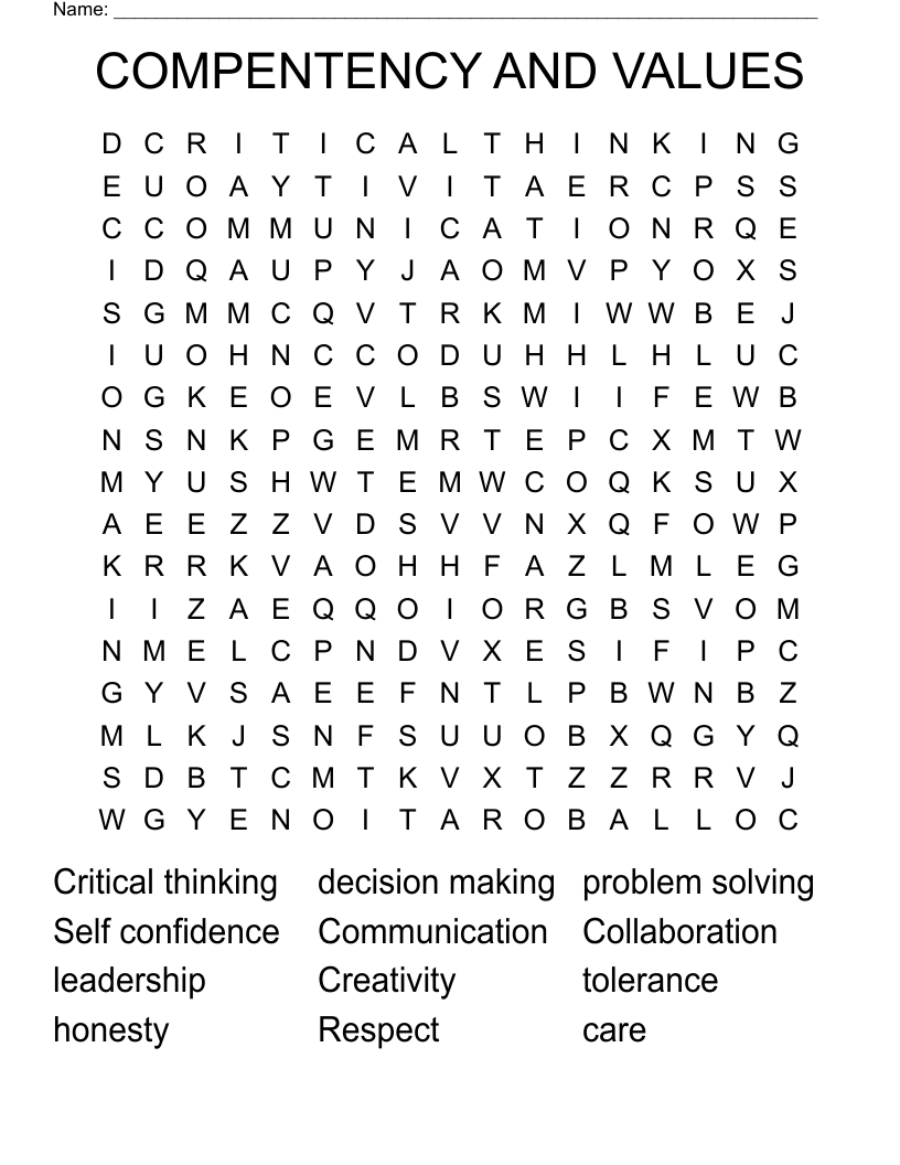 COMPENTENCY AND VALUES Word Search