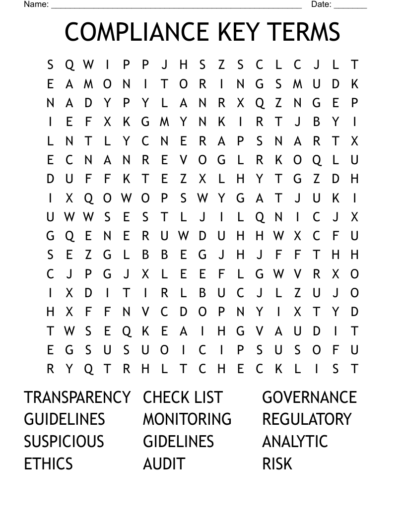COMPLIANCE KEY TERMS Word Search