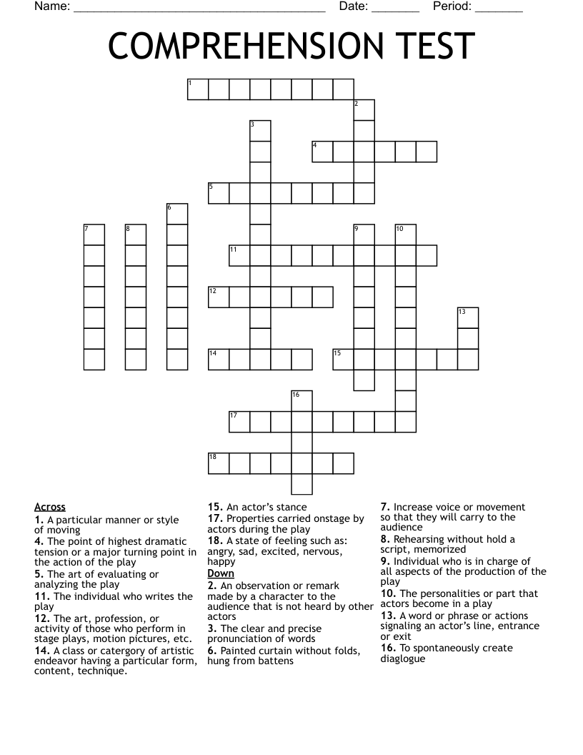 COMPREHENSION TEST Crossword