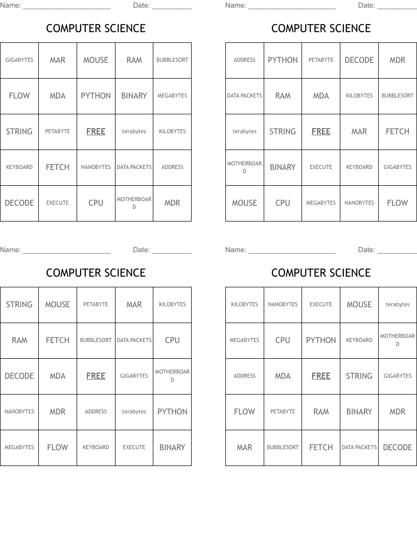 COMPUTER SCIENCE Bingo Cards