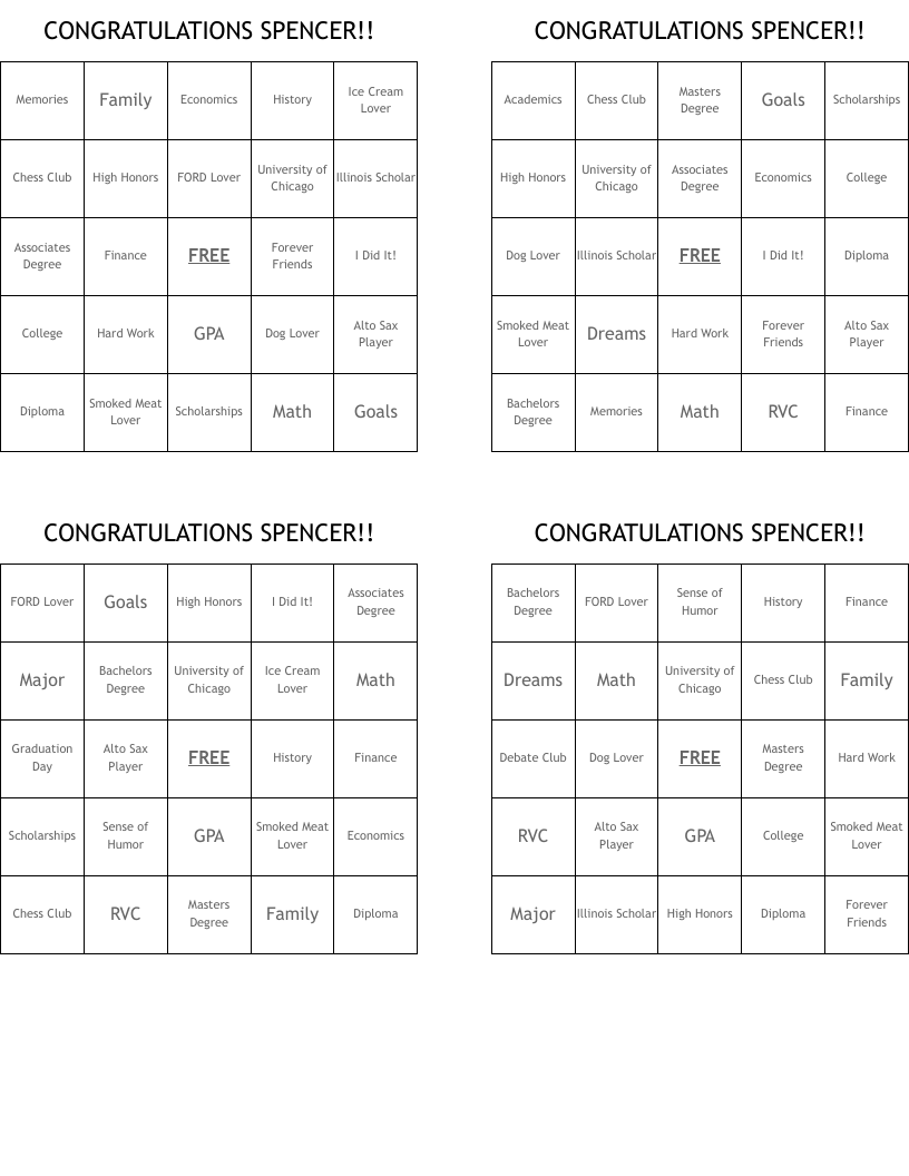 CONGRATULATIONS SPENCER!! Bingo Cards