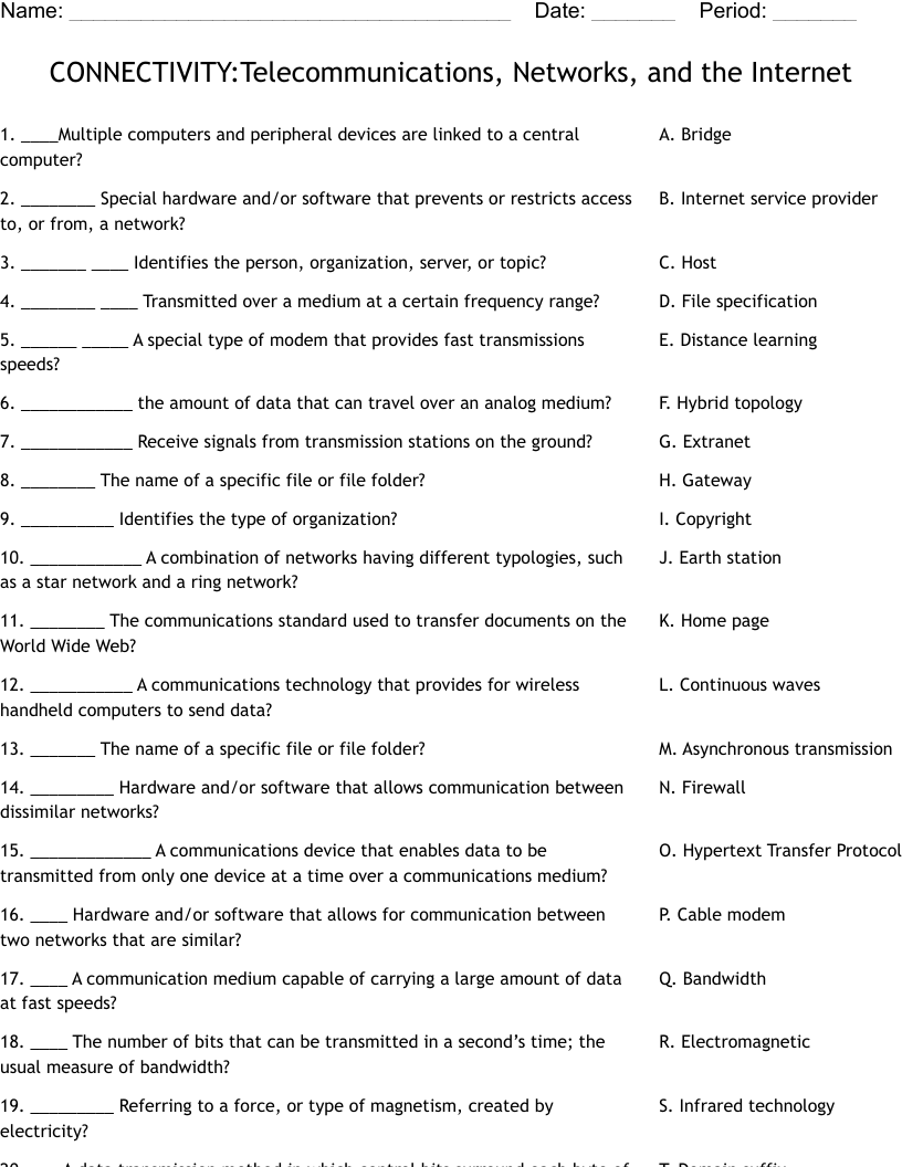 CONNECTIVITY:Telecommunications, Networks, and the Internet  Worksheet