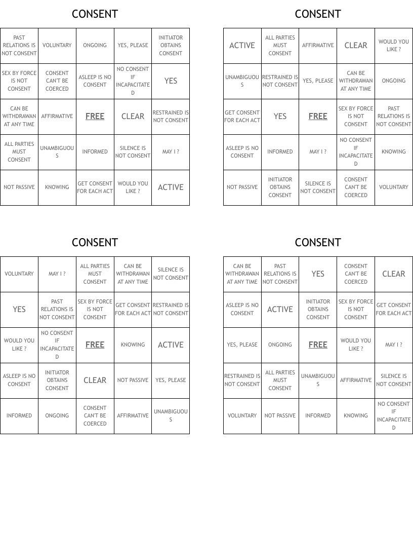 CONSENT Bingo Cards